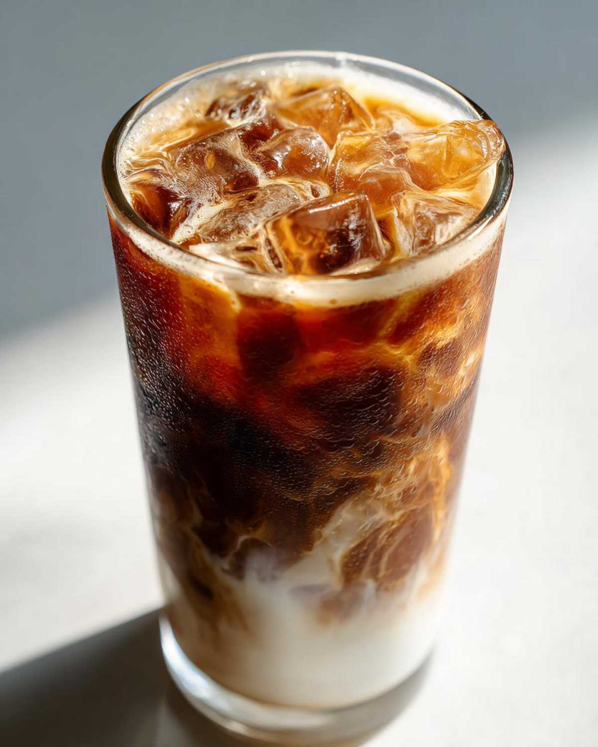 Close-up of a tall glass filled with a layered Iced Vanilla Chai Latte, showing milk, dark chai concentrate, and ice cubes.