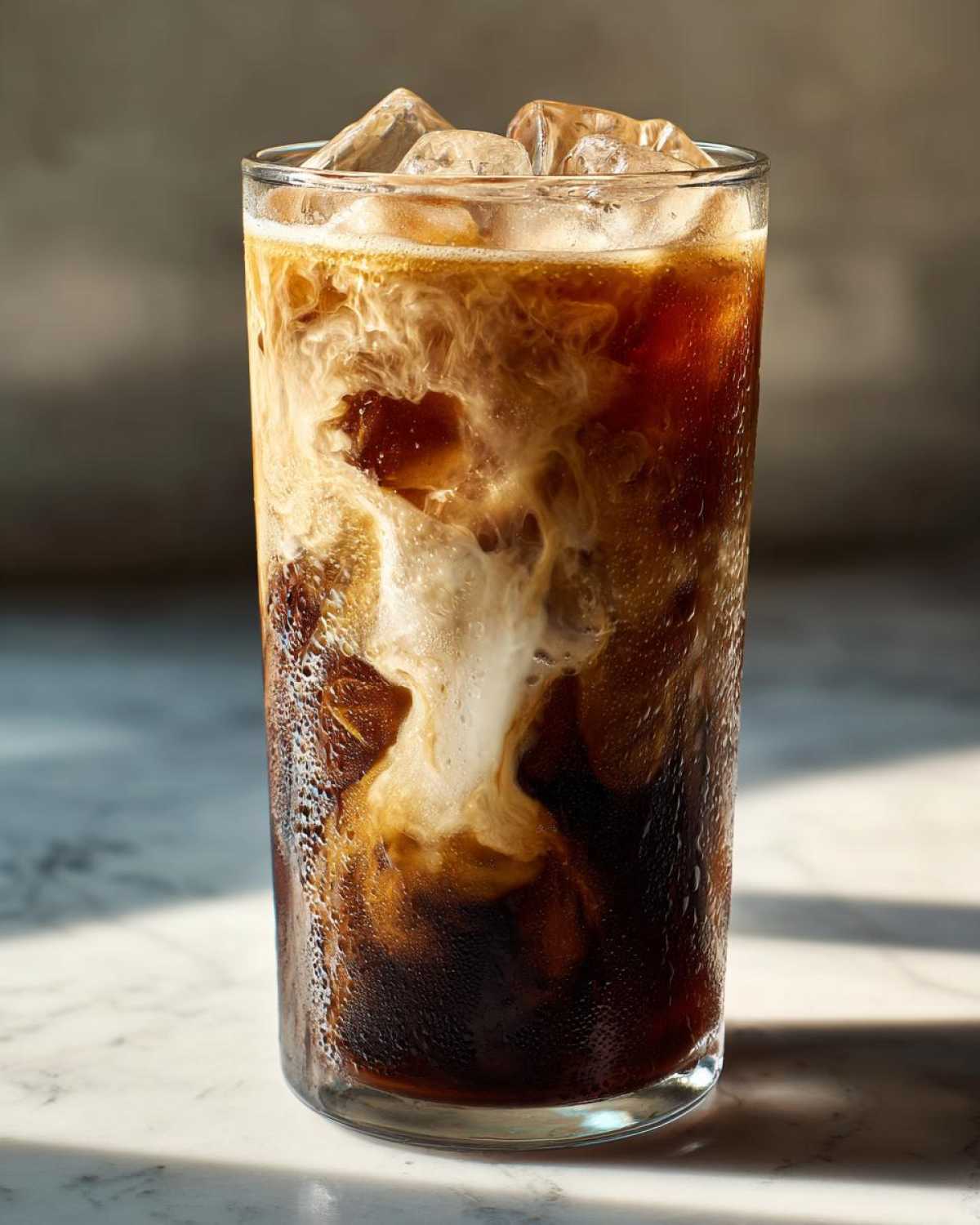 A tall glass of Iced Vanilla Chai Latte with ice cubes showing cream swirling into the dark tea.