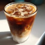 A tall glass filled with a layered Iced Vanilla Chai Latte, topped with ice and condensation.