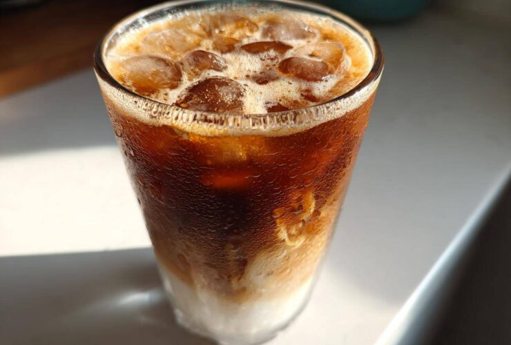 A tall glass filled with a layered Iced Vanilla Chai Latte, topped with ice and condensation.
