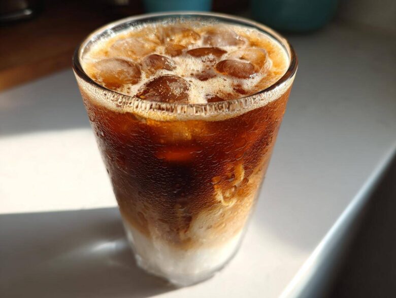 A tall glass filled with a layered Iced Vanilla Chai Latte, topped with ice and condensation.
