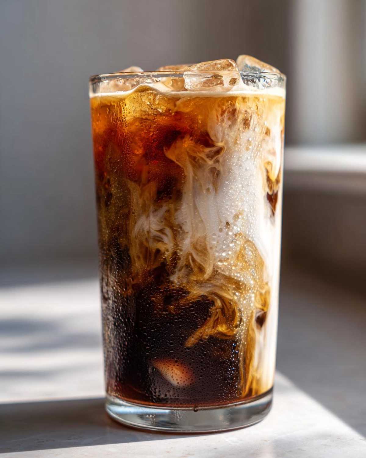 Close-up of a tall glass containing an Iced Vanilla Chai Latte with ice cubes, showing milk swirling into the dark chai concentrate.
