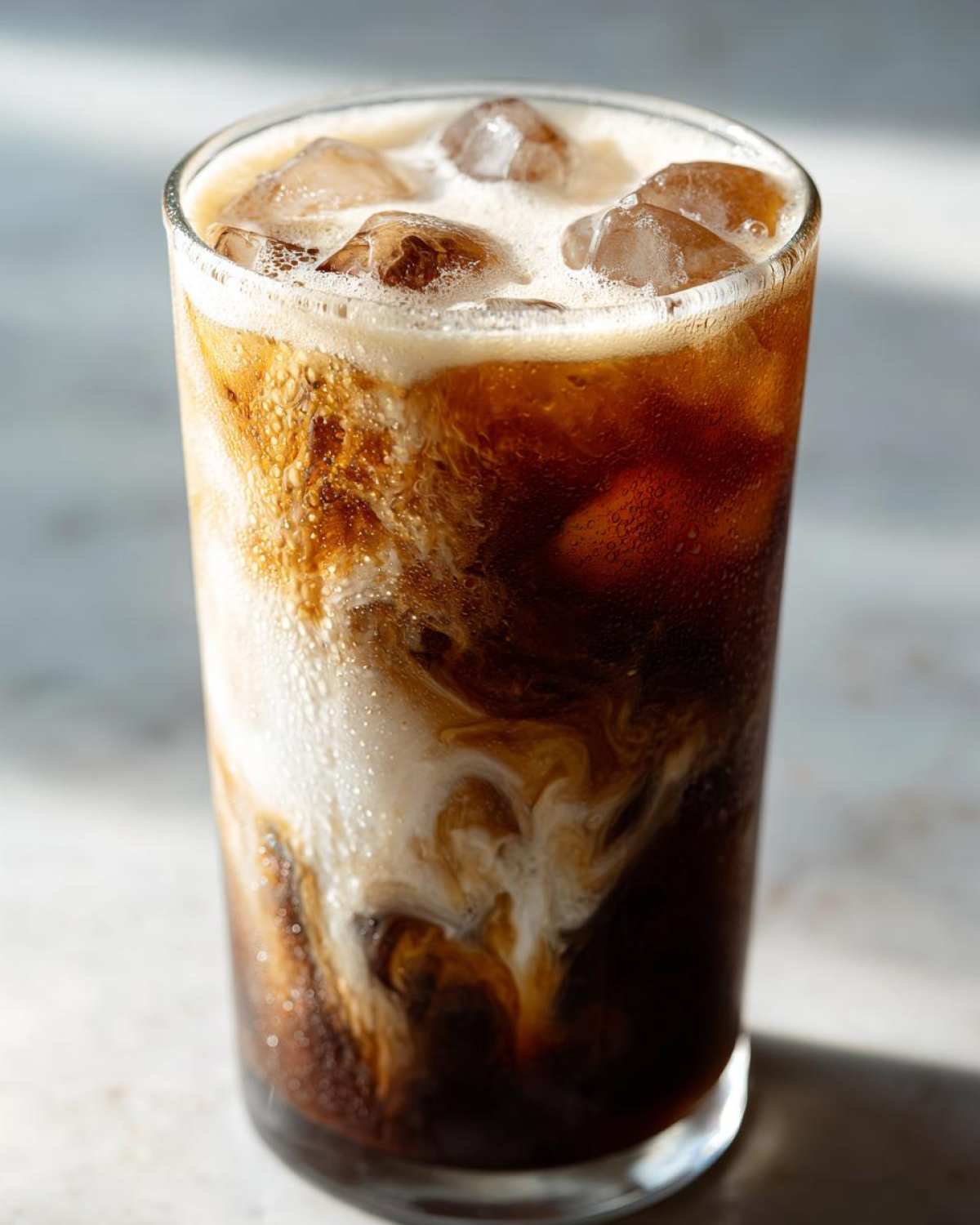 Close-up of an Iced Vanilla Chai Latte showing rich brown liquid swirling with white cream over ice cubes.