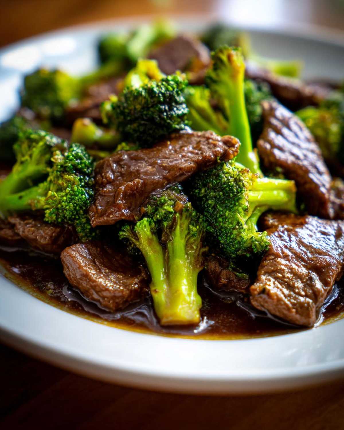 Close-up shot of tender beef slices and bright green broccoli florets coated in savory sauce from Instant Pot Beef and Broccoli.