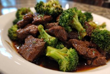 Close-up of tender chunks of beef coated in dark sauce served with bright green broccoli florets in Instant Pot Beef and Broccoli.