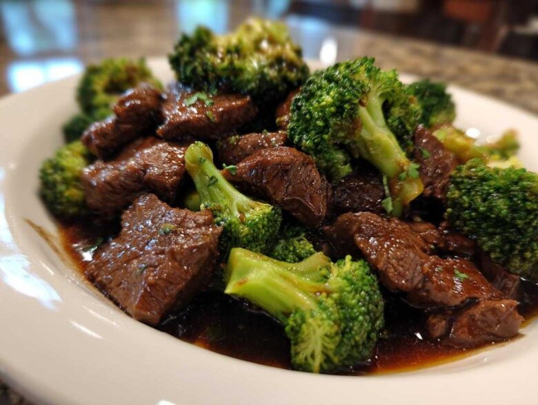Close-up of tender chunks of beef coated in dark sauce served with bright green broccoli florets in Instant Pot Beef and Broccoli.