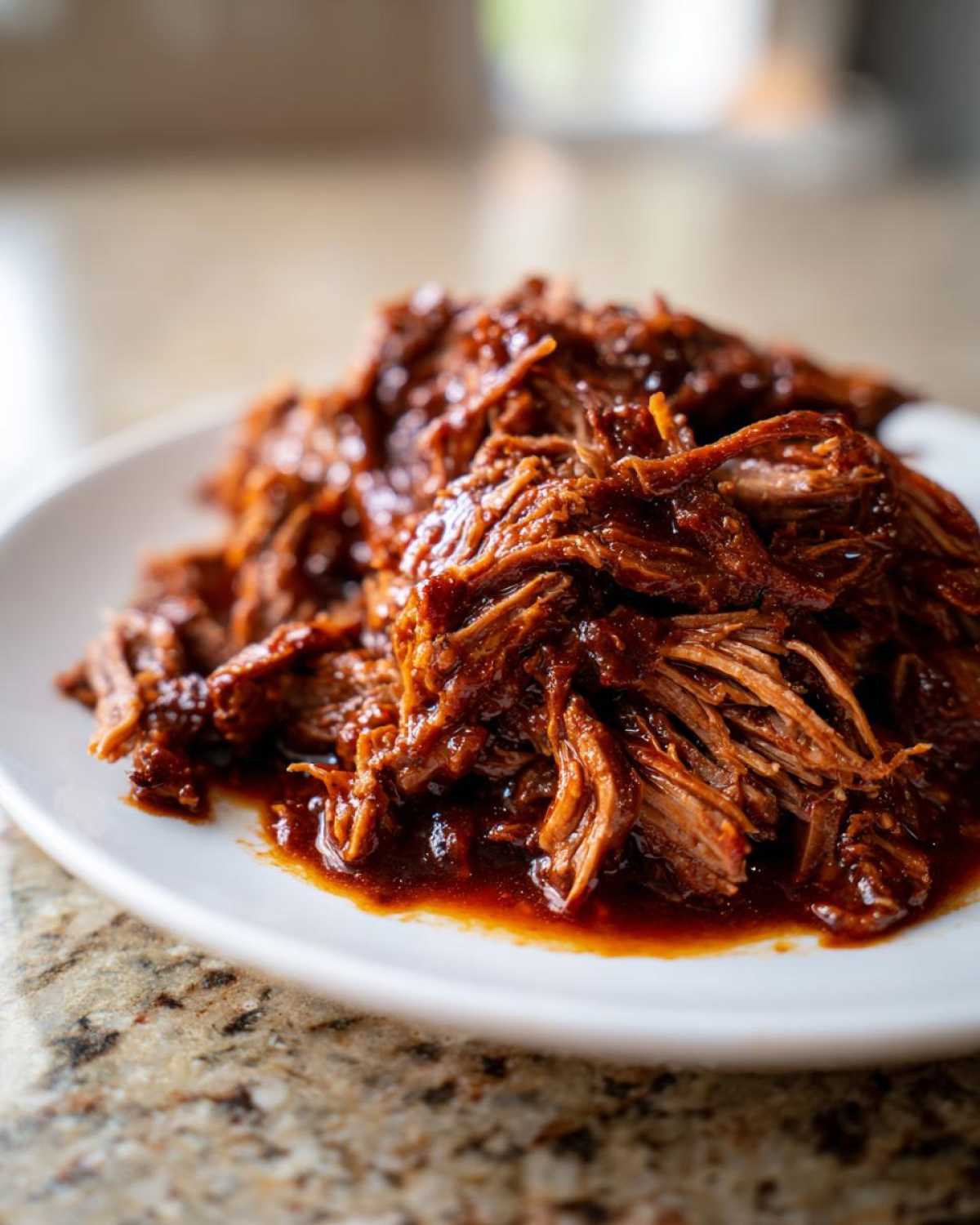 Close-up of tender, shredded Instant Pot Beef Barbacoa coated in rich, dark sauce on a white plate.