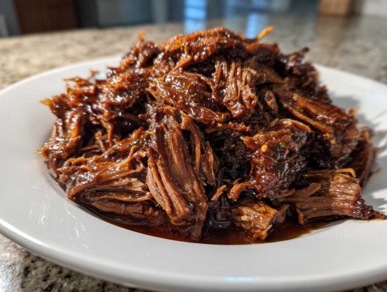 A mound of rich, saucy, shredded Instant Pot Beef Barbacoa served on a white plate.