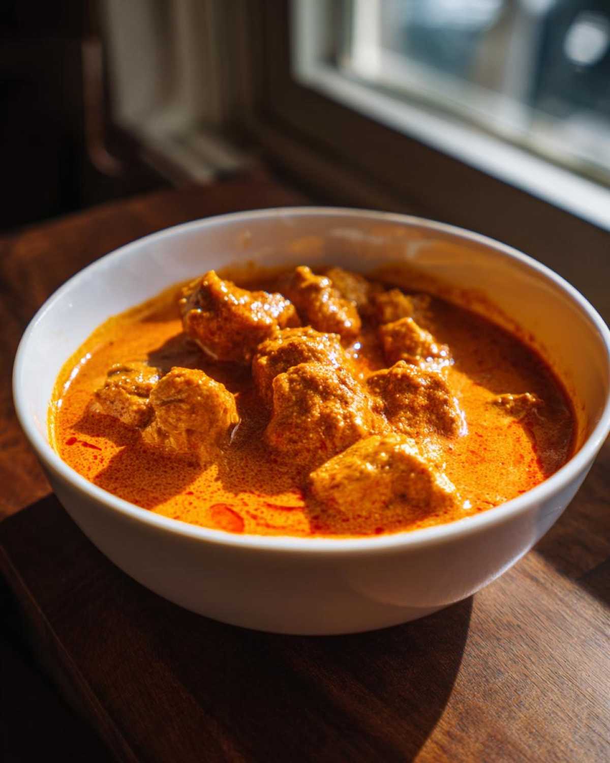 Close-up of tender chicken pieces swimming in a vibrant orange, creamy sauce of Instant Pot Butter Chicken.