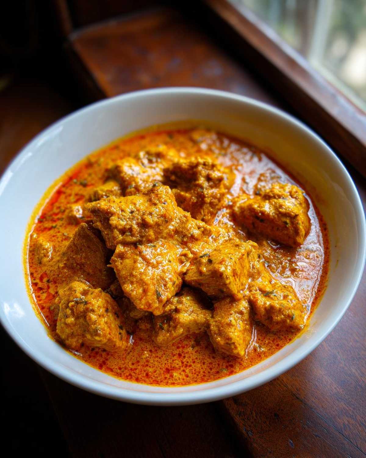 Close-up of tender chicken pieces in a vibrant orange, creamy sauce, representing Instant Pot Butter Chicken.