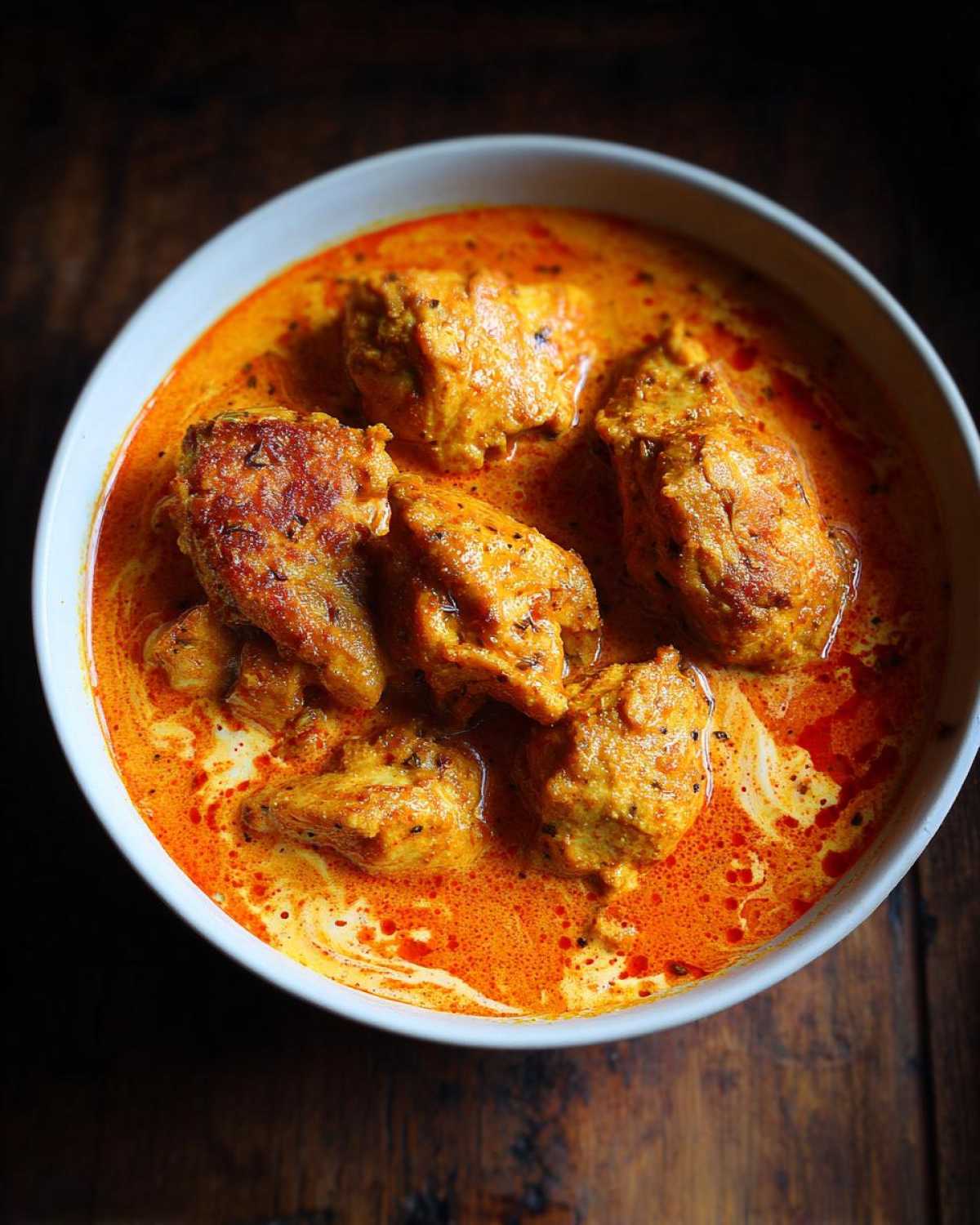 Close-up overhead shot of rich, orange-red Instant Pot Butter Chicken pieces in a white bowl.