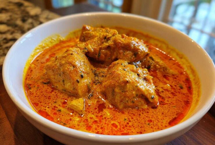 Close-up of creamy, orange-red Instant Pot Butter Chicken pieces served in a white bowl.