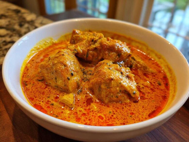 Close-up of creamy, orange-red Instant Pot Butter Chicken pieces served in a white bowl.