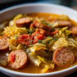 Close-up of a bowl of Instant Pot Cabbage and Sausage Soup, featuring sliced sausage, cooked cabbage, and broth.