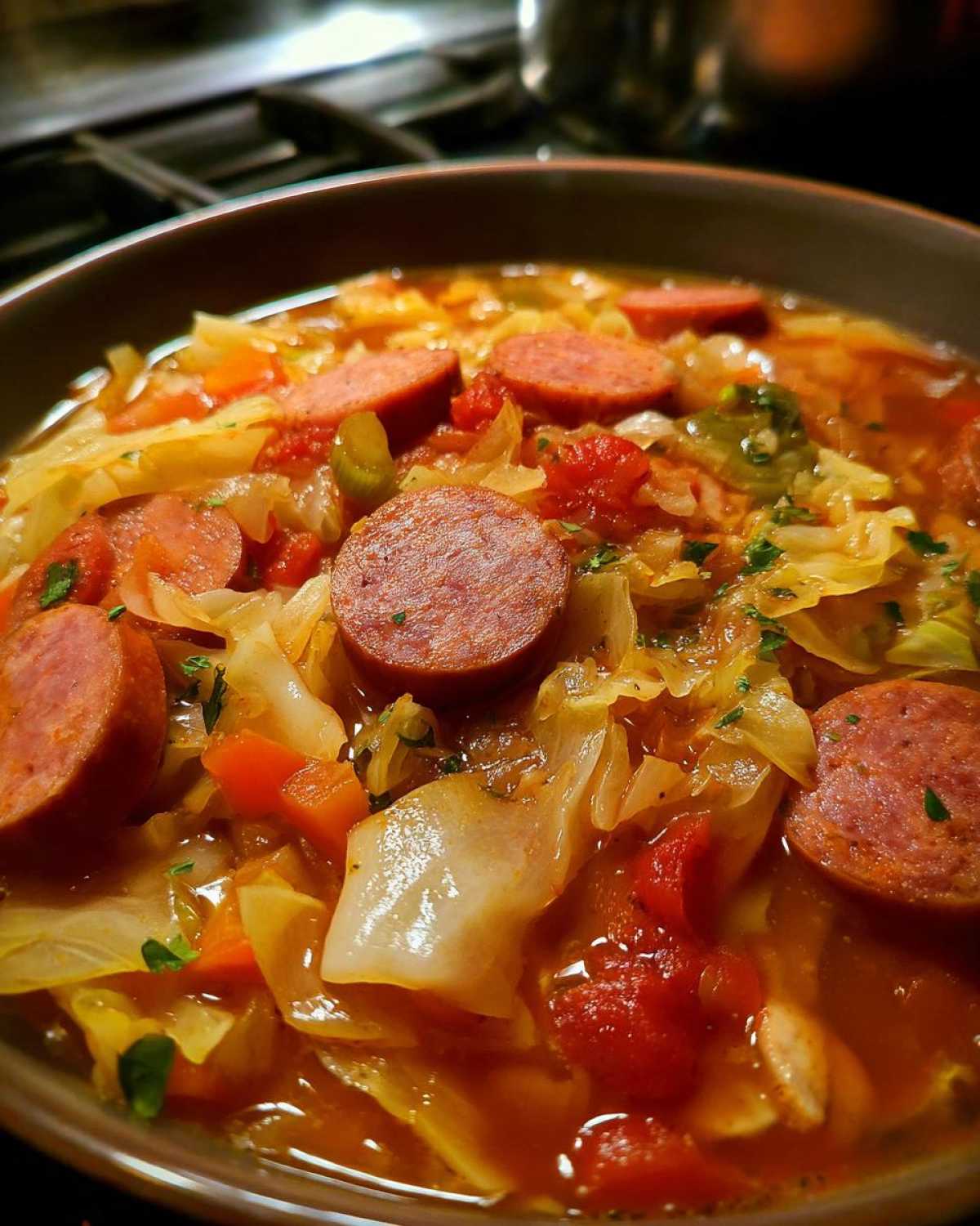 Close-up of a hearty bowl of Instant Pot Cabbage and Sausage Soup with sliced sausage and vegetables.