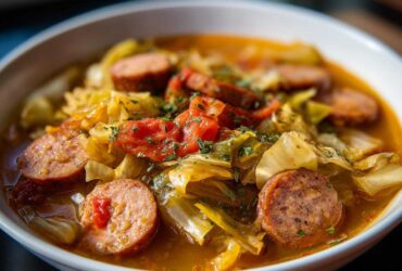 Close-up of a bowl of Instant Pot Cabbage and Sausage Soup, featuring sliced sausage, cooked cabbage, and broth.