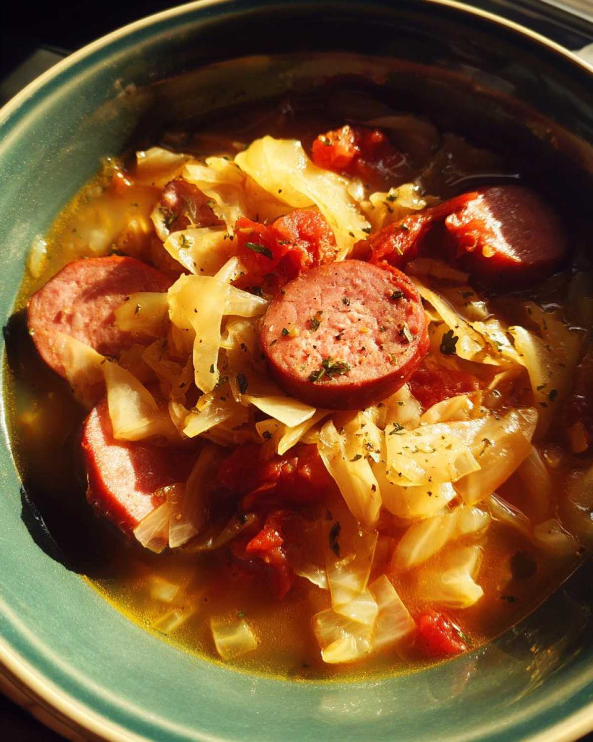 Close-up of a bowl of Instant Pot Cabbage and Sausage Soup with sliced sausage and broth.