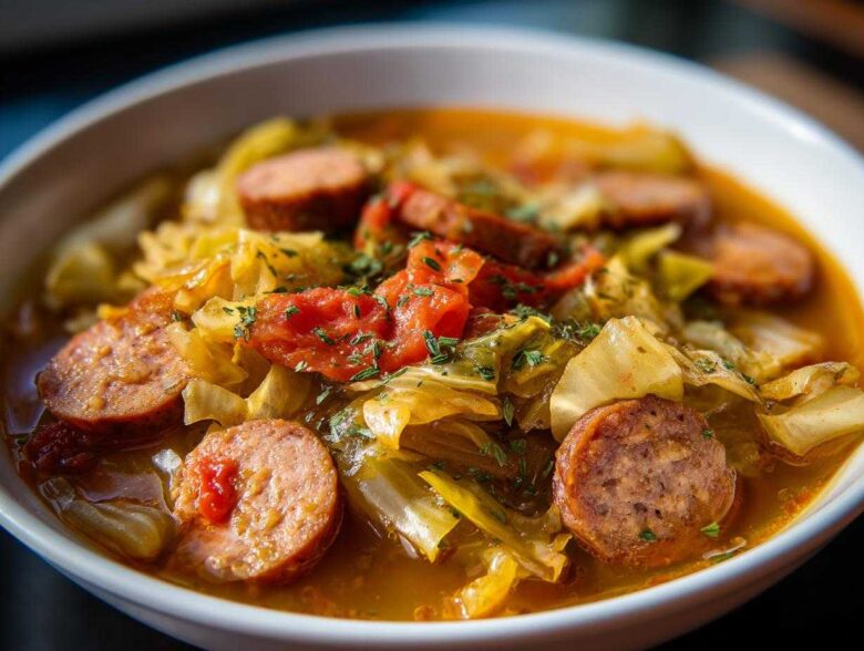 Close-up of a bowl of Instant Pot Cabbage and Sausage Soup, featuring sliced sausage, cooked cabbage, and broth.