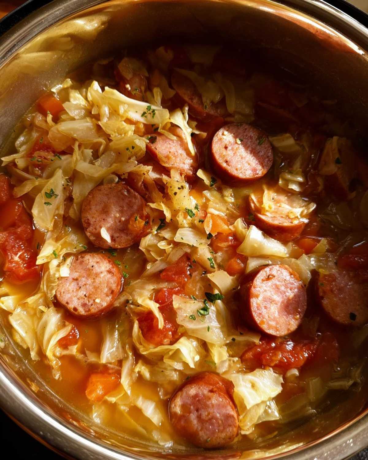 Close-up overhead view of Instant Pot Cabbage and Sausage Soup cooking inside the stainless steel insert.