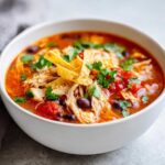 Close-up of a white bowl filled with vibrant Instant Pot Chicken Tortilla Soup, topped with shredded chicken, black beans, tomatoes, cilantro, and tortilla strips.