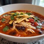 Close-up of a bowl of vibrant Instant Pot Chicken Tortilla Soup topped with shredded chicken, black beans, tortilla strips, and cilantro.