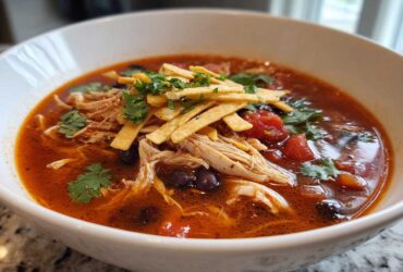 Close-up of a bowl of vibrant Instant Pot Chicken Tortilla Soup topped with shredded chicken, black beans, tortilla strips, and cilantro.