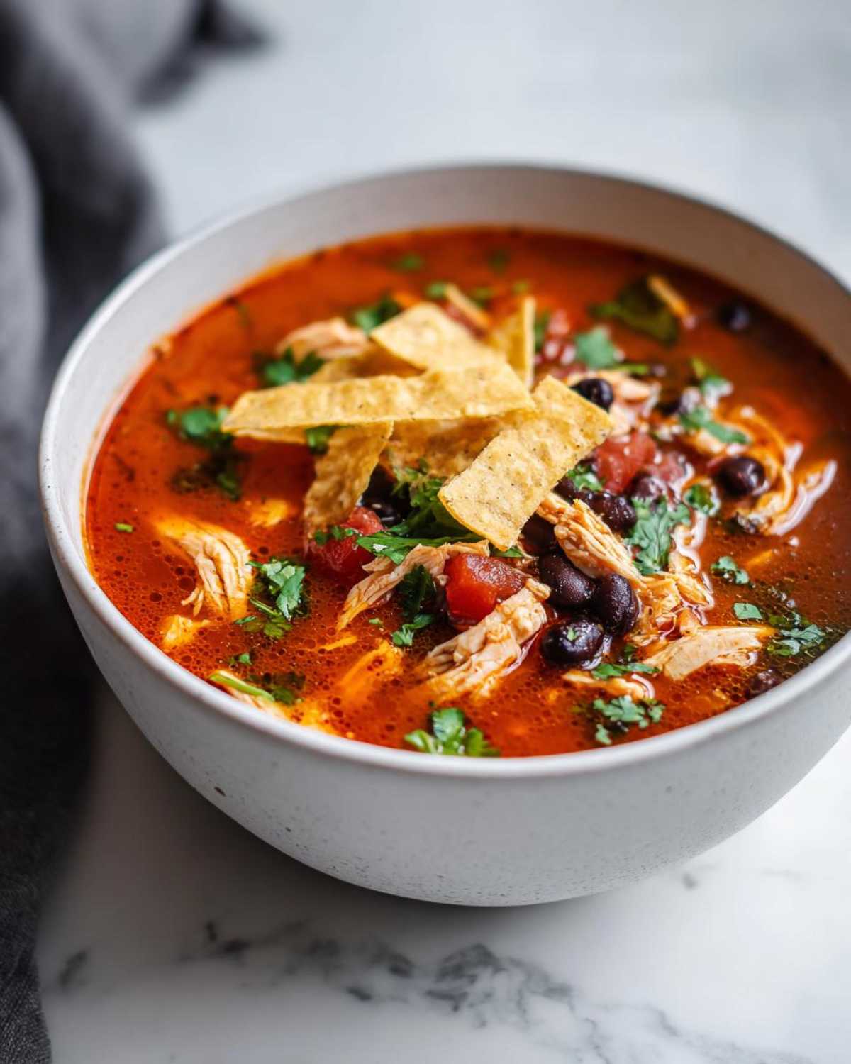 Close-up of a bowl of rich, red Instant Pot Chicken Tortilla Soup topped with shredded chicken, black beans, and tortilla strips.