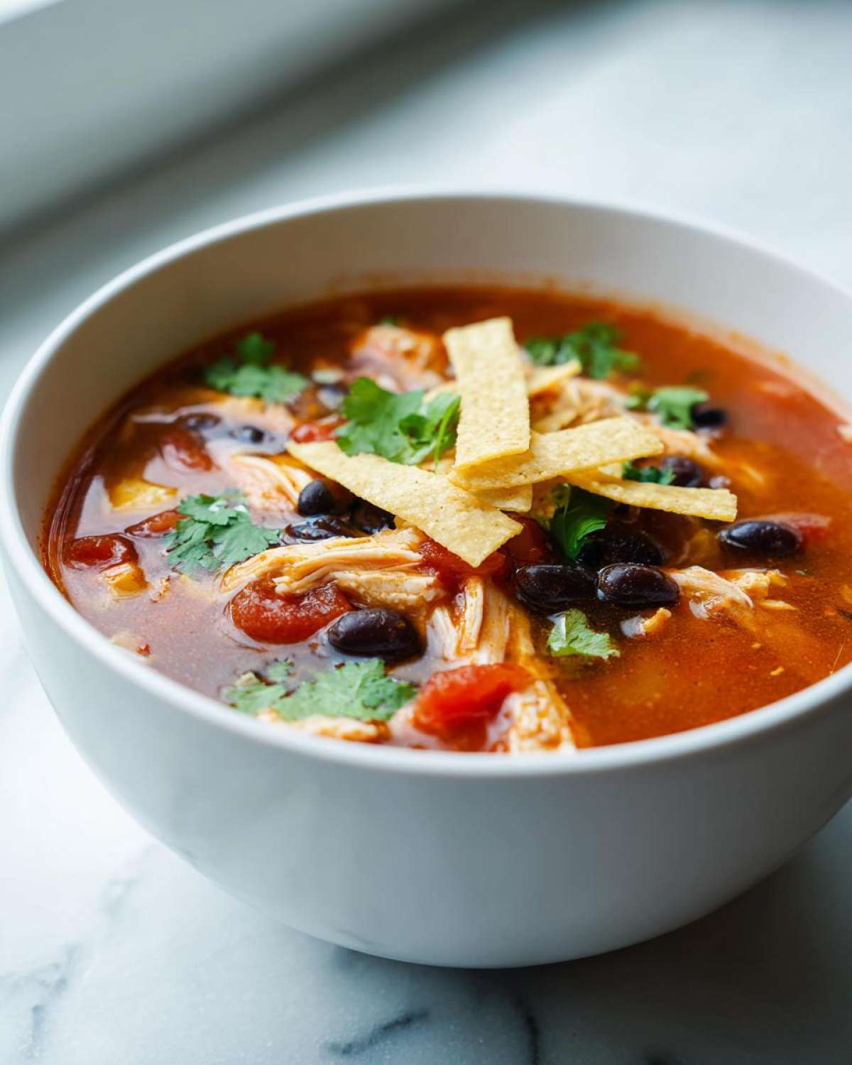 Close-up of a white bowl filled with Instant Pot Chicken Tortilla Soup, topped with shredded chicken, black beans, cilantro, and tortilla strips.