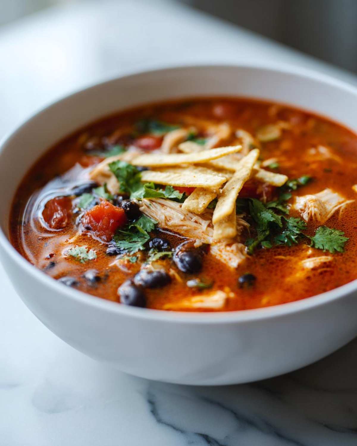 A close-up of a white bowl filled with rich, red Instant Pot Chicken Tortilla Soup, topped with shredded chicken, black beans, cilantro, and tortilla strips.