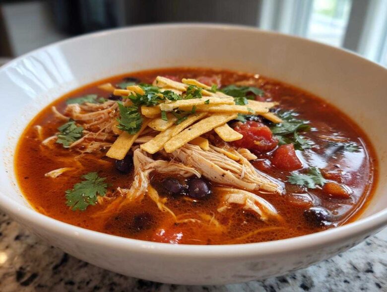 Close-up of a bowl of vibrant Instant Pot Chicken Tortilla Soup topped with shredded chicken, black beans, tortilla strips, and cilantro.