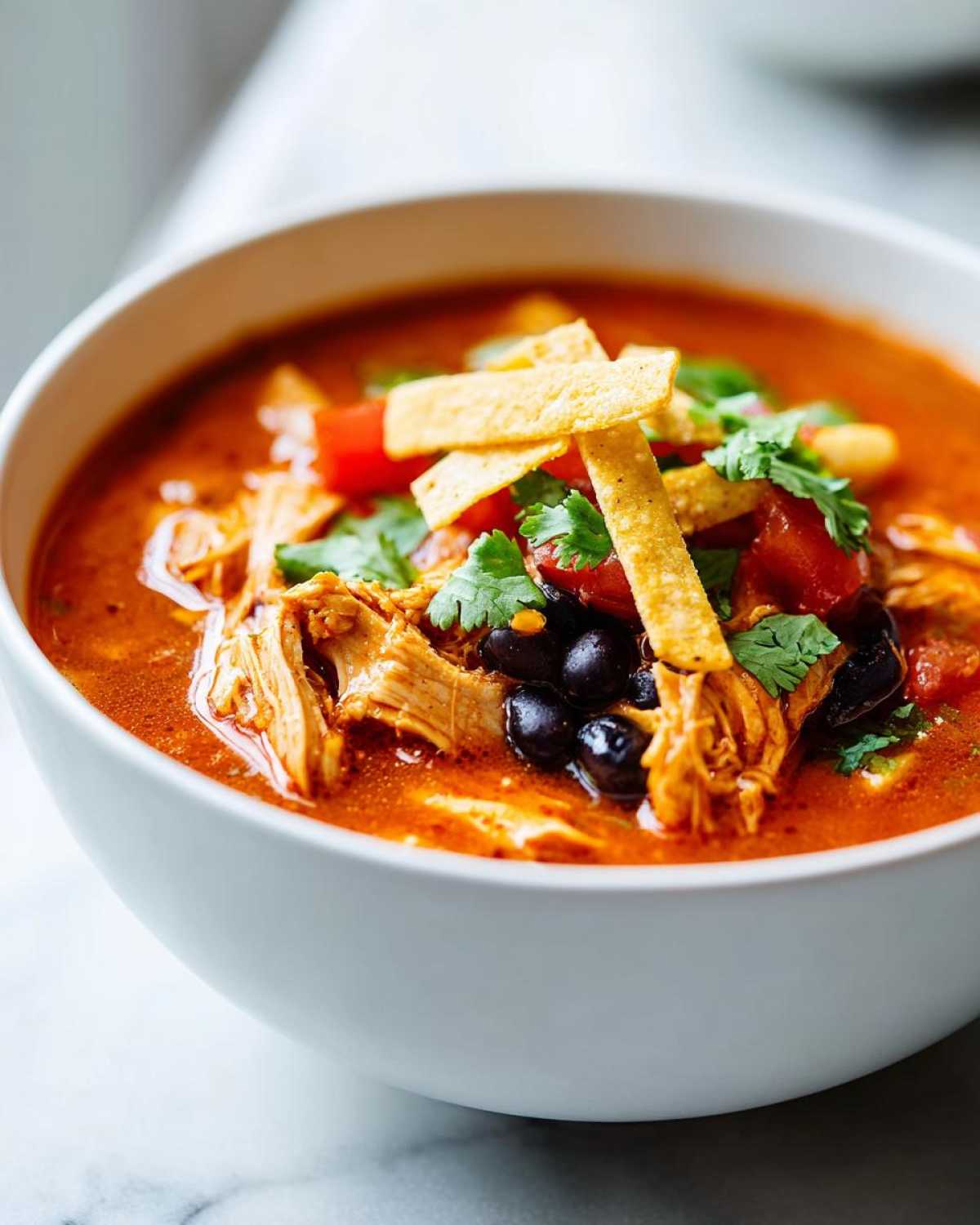 Close-up of a white bowl filled with rich, red Instant Pot Chicken Tortilla Soup topped with shredded chicken, black beans, and tortilla strips.