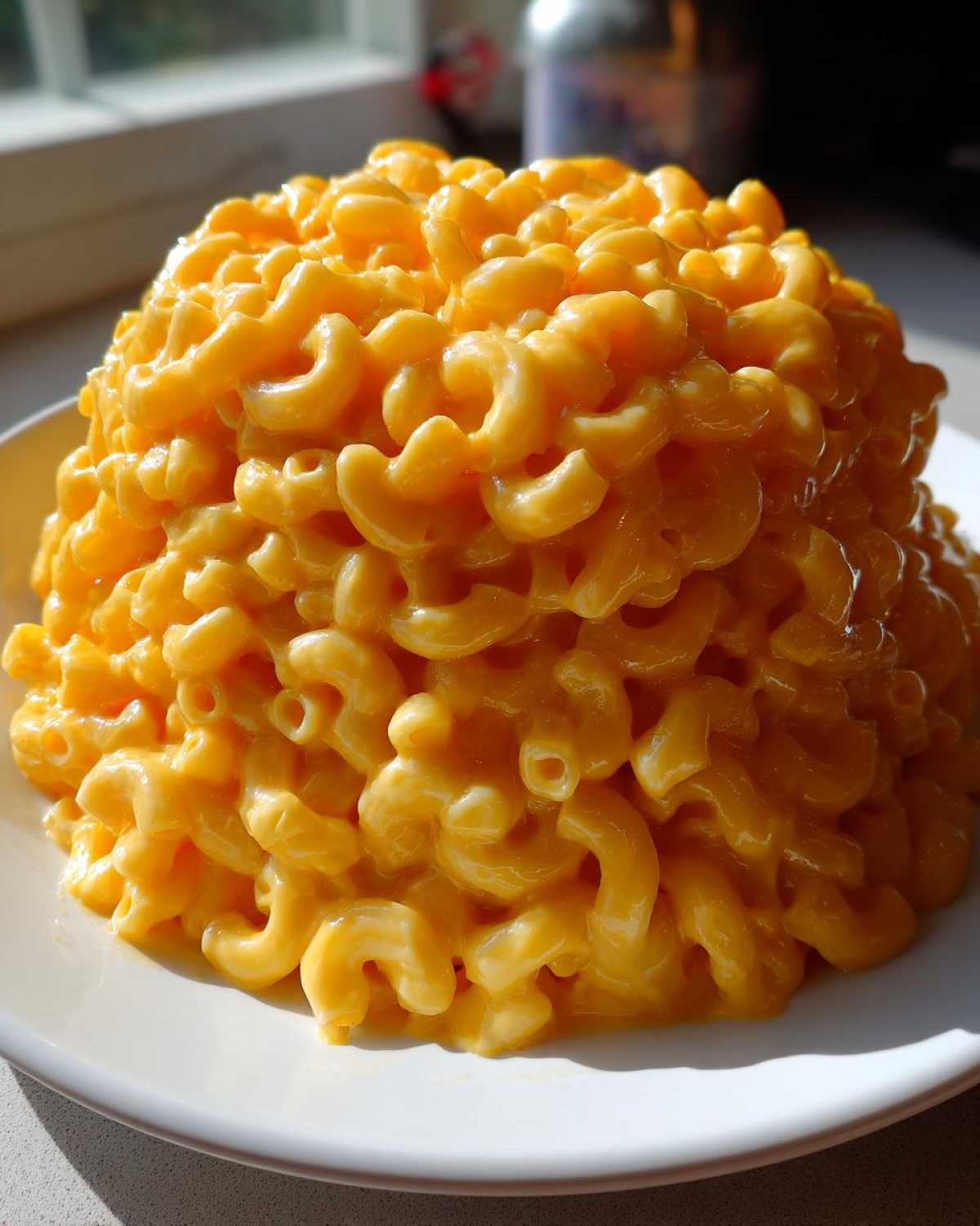 A tall, perfectly molded mound of creamy orange Instant Pot Mac and Cheese served on a white plate.