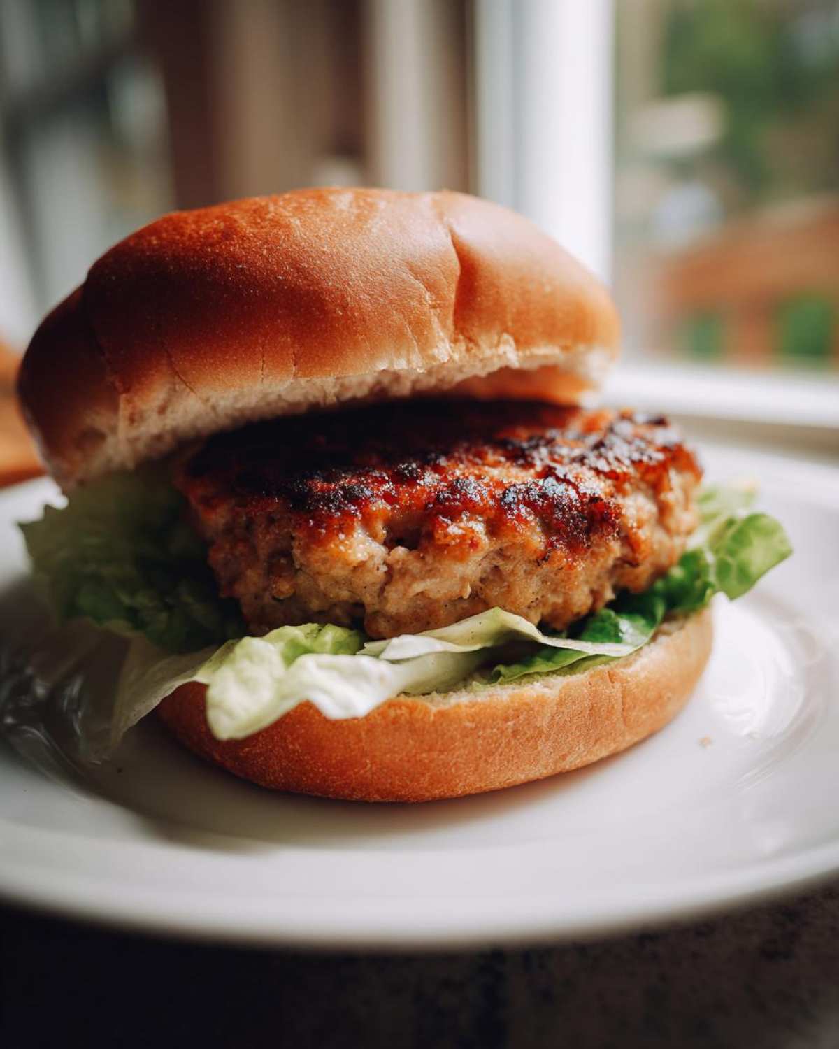 Close-up of a juicy Air Fryer Turkey Burger served on a toasted bun with crisp lettuce.
