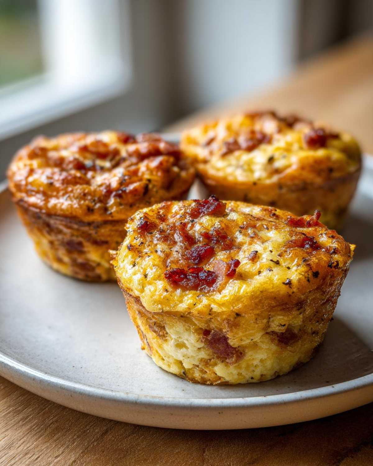 Three freshly baked Keto Bacon and Egg Muffins with crispy bacon bits on top, served on a light gray plate.