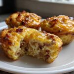 Three golden-brown Keto Bacon and Egg Muffins on a white plate, one is cut open showing the filling.