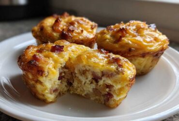 Three golden-brown Keto Bacon and Egg Muffins on a white plate, one is cut open showing the filling.