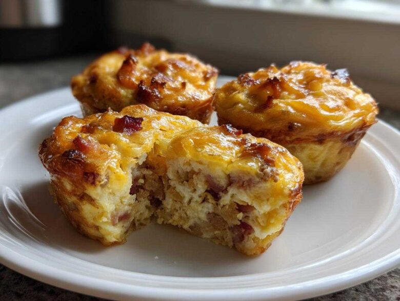 Three golden-brown Keto Bacon and Egg Muffins on a white plate, one is cut open showing the filling.