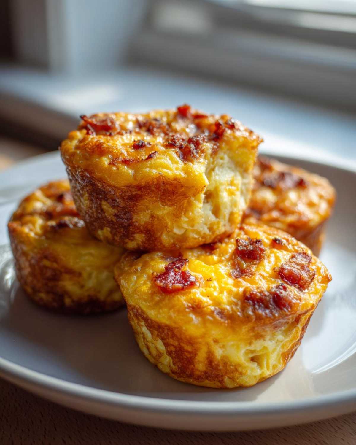 Four golden brown Keto Bacon and Egg Muffins stacked slightly on a light plate near a window.