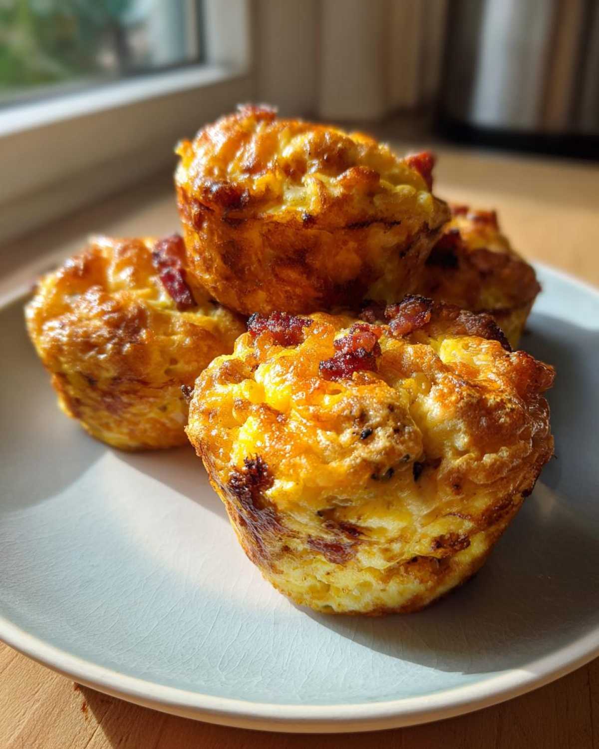 A stack of golden brown Keto Bacon and Egg Muffins with crispy bacon bits on top, served on a light blue plate.