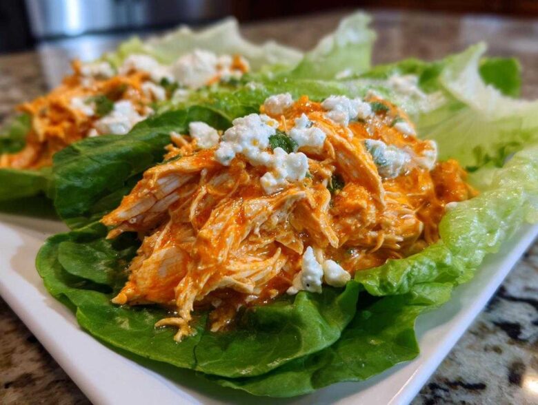 Close-up of Keto Buffalo Chicken Lettuce Wraps filled with shredded orange buffalo chicken and topped with crumbled blue cheese.