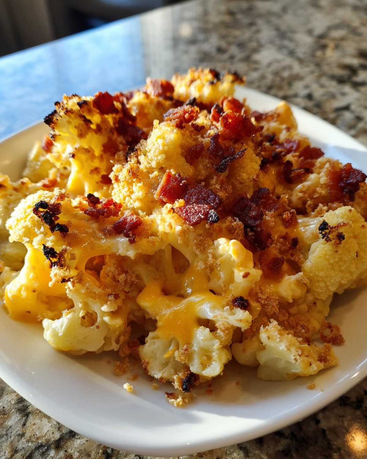 Close-up of cheesy Keto Cauliflower Mac and Cheese topped with crispy bacon bits and a golden crust.