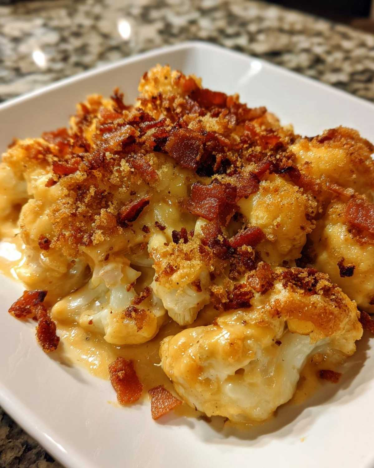 Close-up of Keto Cauliflower Mac and Cheese florets covered in cheese sauce, crispy topping, and bacon bits.
