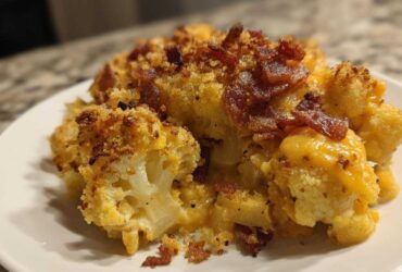 A close-up serving of Keto Cauliflower Mac and Cheese topped with crispy bacon bits and a golden crust.