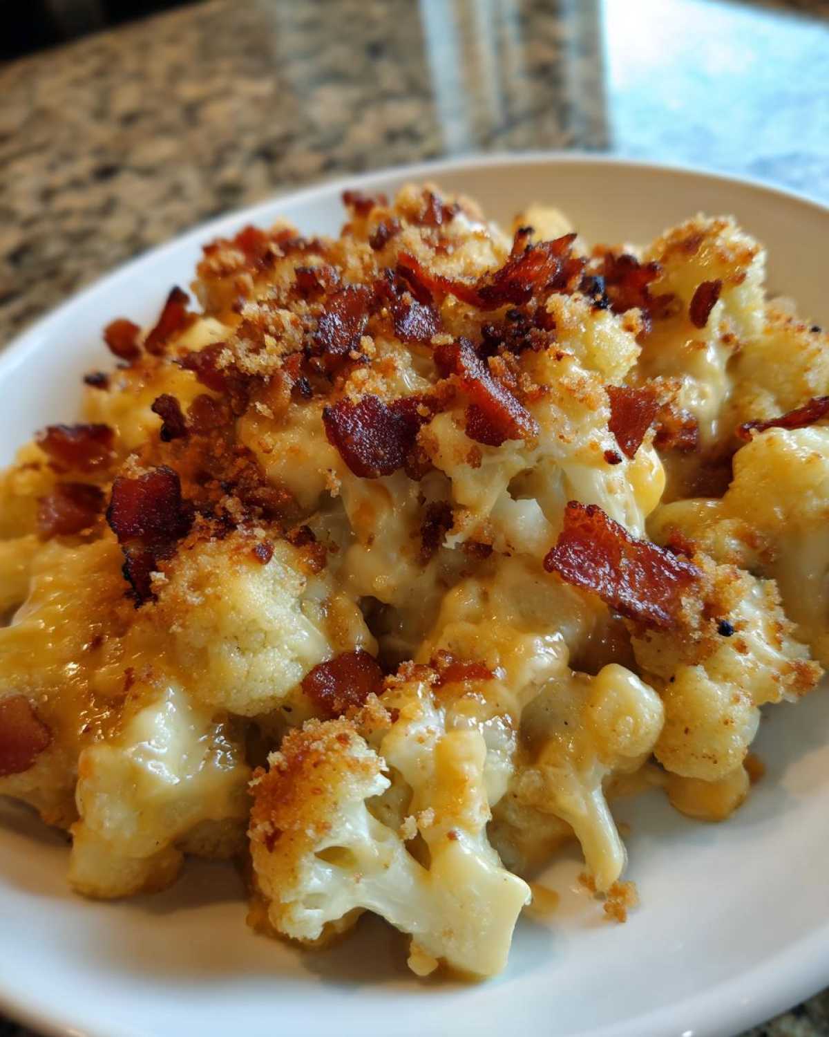 Close-up of creamy Keto Cauliflower Mac and Cheese topped with crispy bacon bits and breadcrumbs.