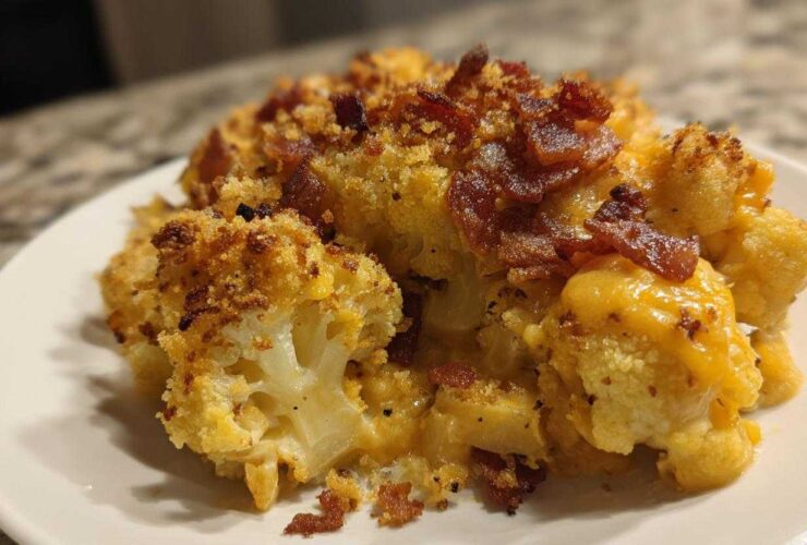 A close-up serving of Keto Cauliflower Mac and Cheese topped with crispy bacon bits and a golden crust.