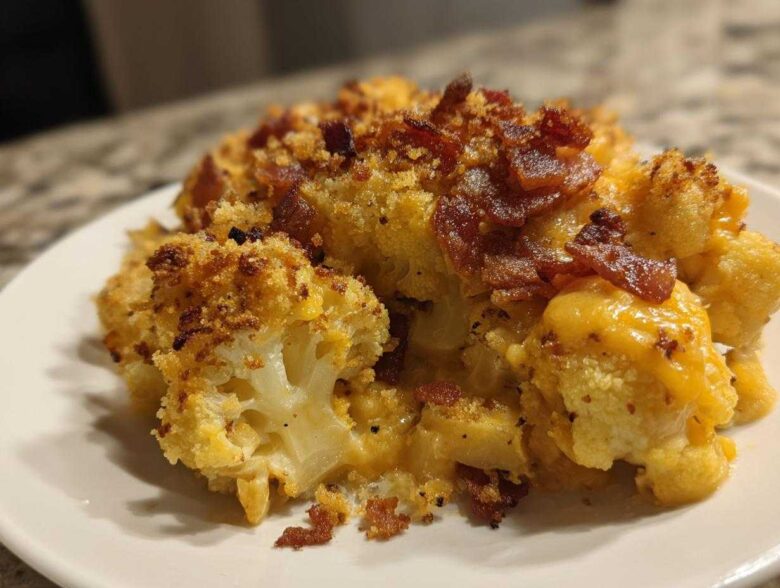 A close-up serving of Keto Cauliflower Mac and Cheese topped with crispy bacon bits and a golden crust.