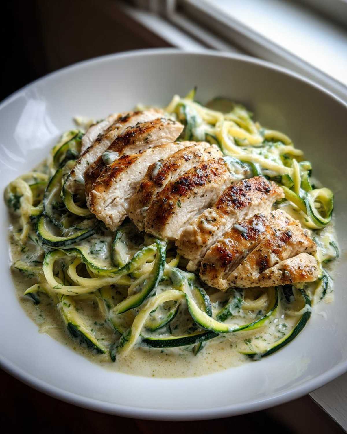 Sliced grilled chicken breast served over zucchini noodles tossed in creamy sauce for Keto Chicken Alfredo.