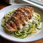Close-up of sliced, seasoned chicken breast served over zucchini noodles in a creamy sauce for Keto Chicken Alfredo.