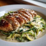 A sliced, seasoned chicken breast served over zucchini noodles tossed in creamy sauce for Keto Chicken Alfredo.