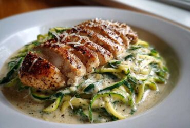 A sliced, seasoned chicken breast served over zucchini noodles tossed in creamy sauce for Keto Chicken Alfredo.